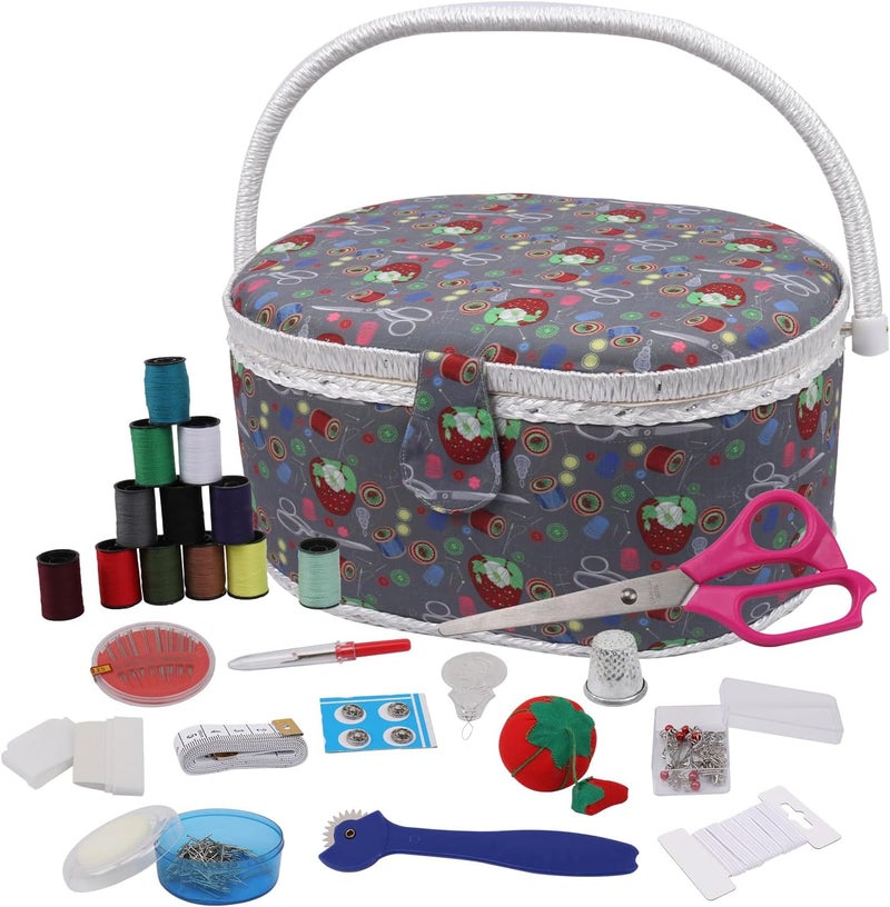 Nice Day Sewing Basket, Classic Fabric Design Sewing Kit Accessories Large Sewing Box Sewing Supplies Organizer and Storage Portable Sewing Kit Embroidery Box 14.6 x 10.6 x 6.7 in (Large/Oval Grey) - Image 1